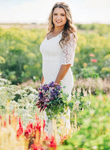 Plus Size Sheath Fitted V-Neck Half Sleeves Sweep Train Lace Wedding Dresses-Dbrbridal