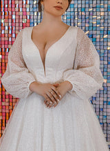 Plus Size Sparkly Ball Gown Wedding Dresses V-Neck Long Sleeves-Dbrbridal