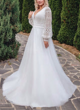 Plus Size Wedding Dress Chic A-line V-Neck Sweep Train in Lace-Dbrbridal