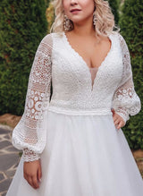Plus Size Wedding Dress Chic A-line V-Neck Sweep Train in Lace-Dbrbridal