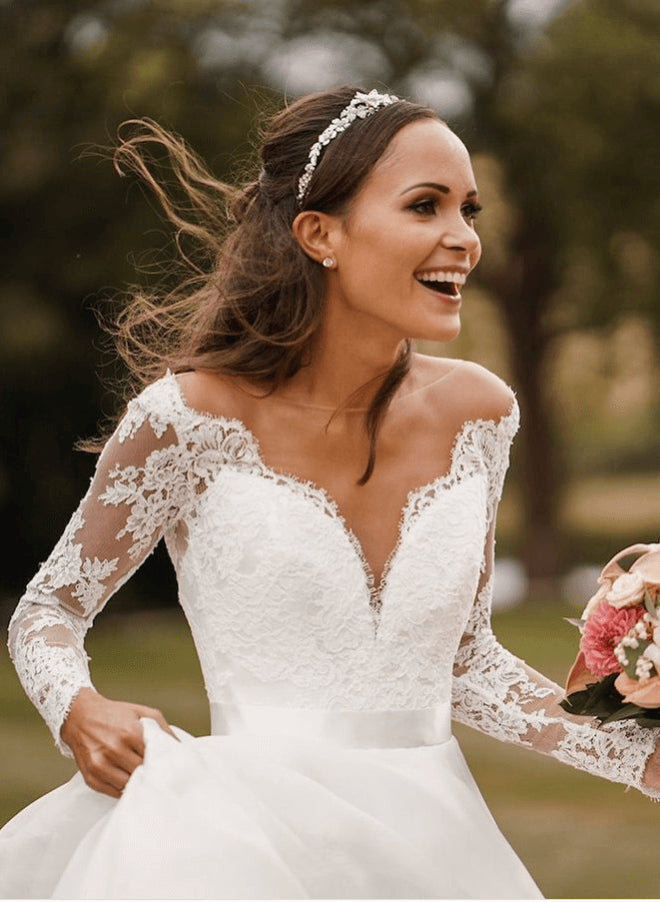 Princess Wedding Dresses Boho Garden Lace Long Sleeves-Dbrbridal