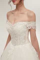 Princess Wedding Dresses Off The Shoulder Ivory Bridal Gowns Lace Applique Tulle Long Ball Gowns-Dbrbridal