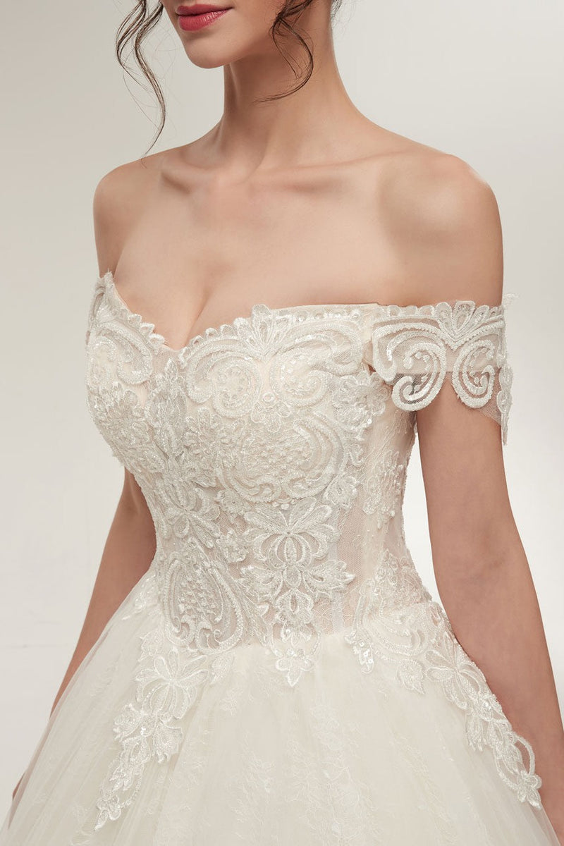 Princess Wedding Dresses Off The Shoulder Ivory Bridal Gowns Lace Applique Tulle Long Ball Gowns-Dbrbridal