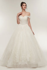 Princess Wedding Dresses Off The Shoulder Ivory Bridal Gowns Lace Applique Tulle Long Ball Gowns-Dbrbridal