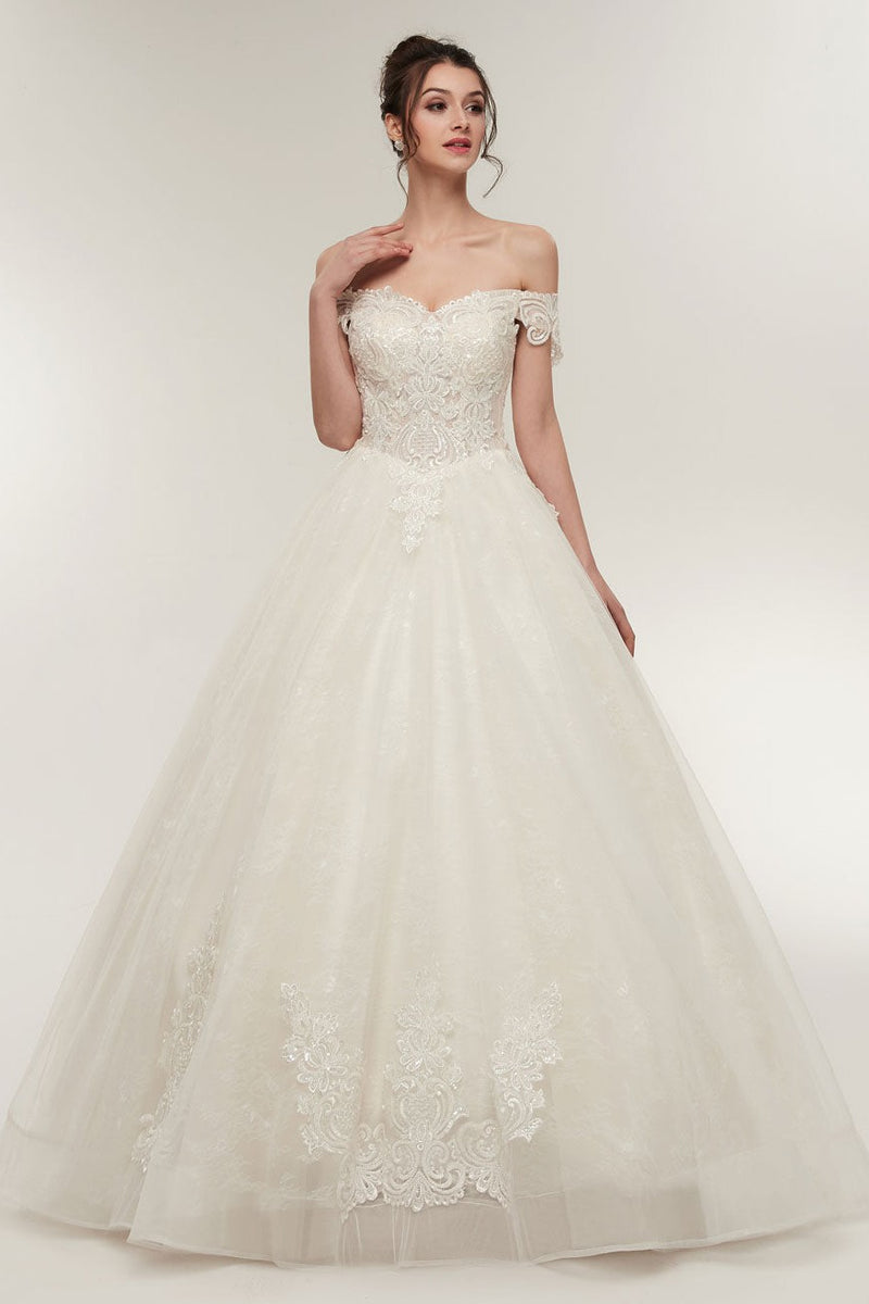 Princess Wedding Dresses Off The Shoulder Ivory Bridal Gowns Lace Applique Tulle Long Ball Gowns-Dbrbridal