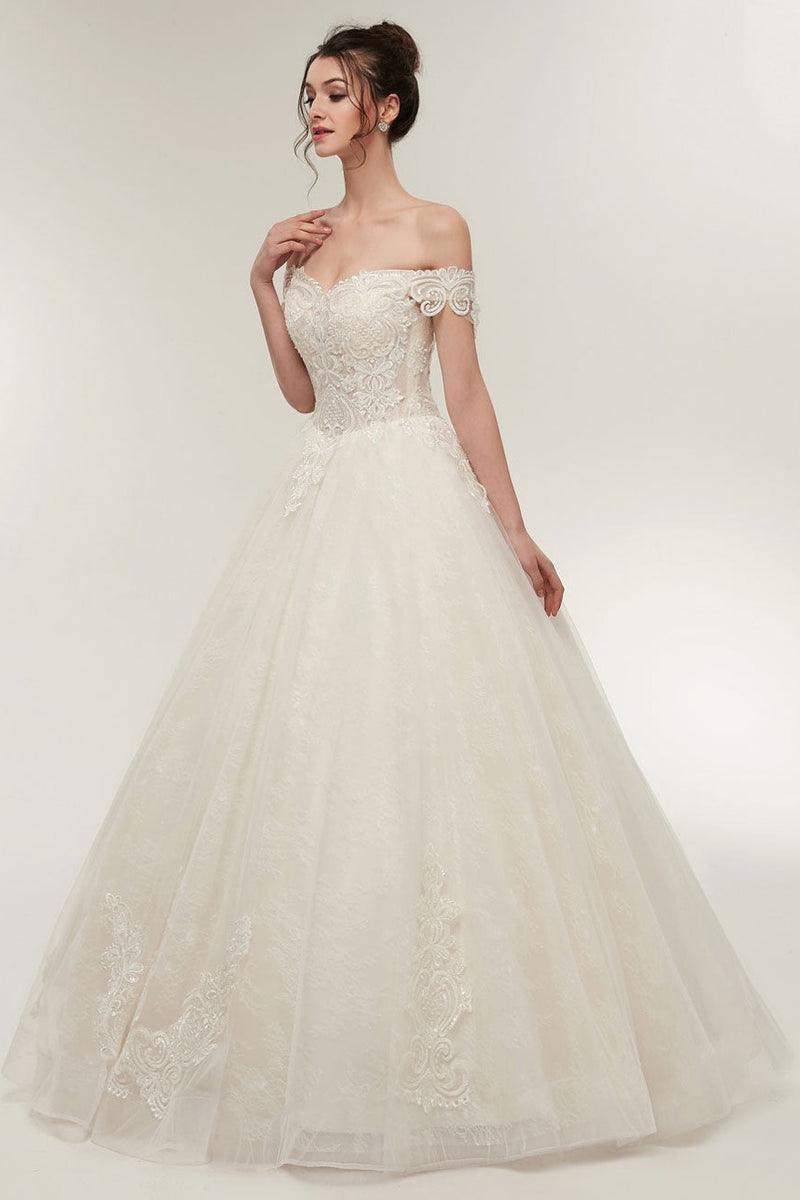Princess Wedding Dresses Off The Shoulder Ivory Bridal Gowns Lace Applique Tulle Long Ball Gowns-Dbrbridal