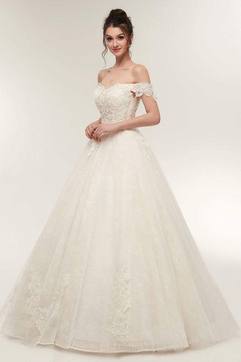 Princess Wedding Dresses Off The Shoulder Ivory Bridal Gowns Lace Applique Tulle Long Ball Gowns-Dbrbridal