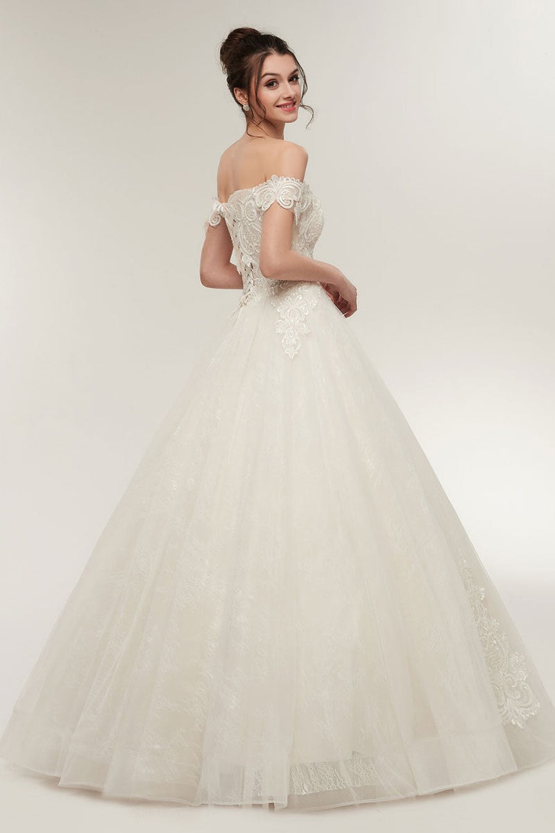 Princess Wedding Dresses Off The Shoulder Ivory Bridal Gowns Lace Applique Tulle Long Ball Gowns-Dbrbridal