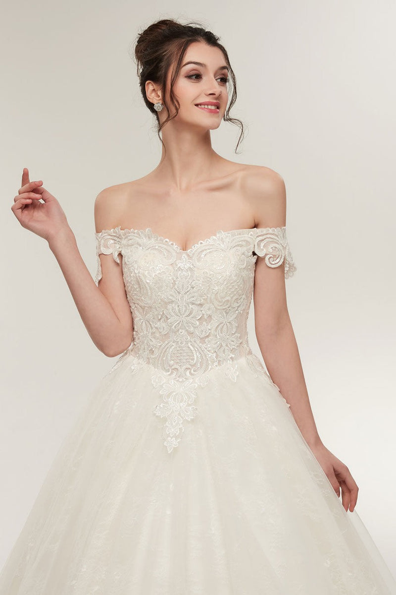 Princess Wedding Dresses Off The Shoulder Ivory Bridal Gowns Lace Applique Tulle Long Ball Gowns-Dbrbridal