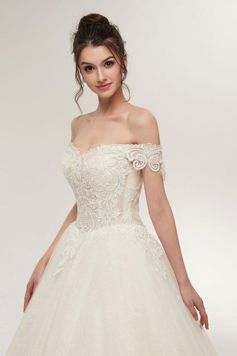 Princess Wedding Dresses Off The Shoulder Ivory Bridal Gowns Lace Applique Tulle Long Ball Gowns-Dbrbridal