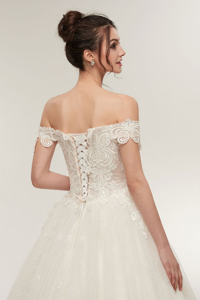 Princess Wedding Dresses Off The Shoulder Ivory Bridal Gowns Lace Applique Tulle Long Ball Gowns-Dbrbridal