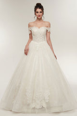 Princess Wedding Dresses Off The Shoulder Ivory Bridal Gowns Lace Applique Tulle Long Ball Gowns-Dbrbridal