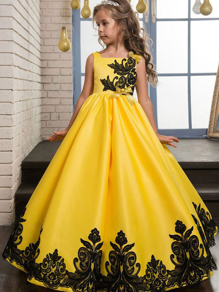 Princess Yellow Lace Applique Bow Decor Kids Pageant flower girl dress – Dbrbridal