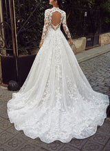 Product title re-written Chic A-line Illusion Neck 3 4 Sleeves Sweep Train Lace Tulle Wedding Dresses-Dbrbridal