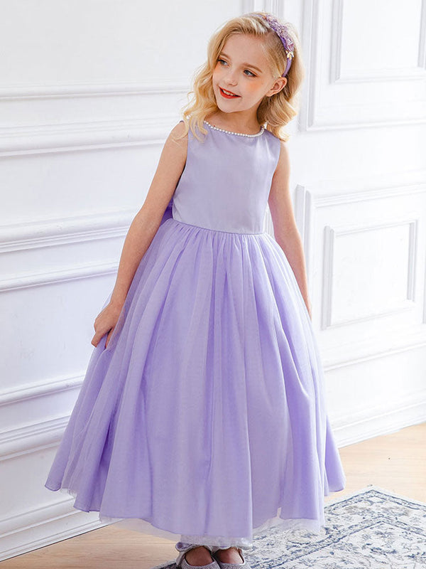Purple Jewel Neck Sleeveless Polyester Tulle Beaded Kids Social Party Dresses-Dbrbridal