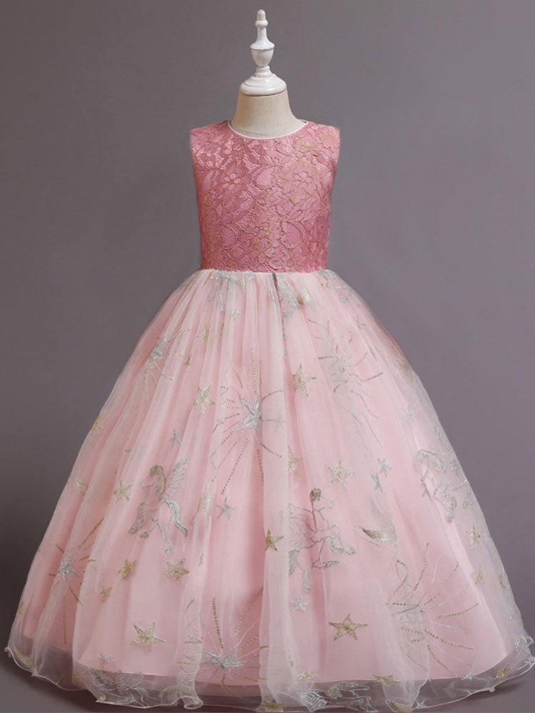 Red Jewel Neck Sleeveless Ankle-Length A-Line Embroidered Polyester Kids Party Dresses-Dbrbridal