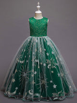 Red Jewel Neck Sleeveless Ankle-Length A-Line Embroidered Polyester Kids Party Dresses-Dbrbridal