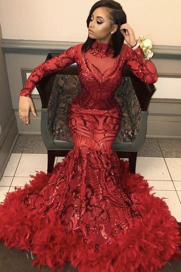 Red Mermaid Sequins Long Sleeves High-Neck Prom Dresses-Dbrbridal