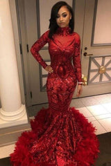 Red Mermaid Sequins Long Sleeves High-Neck Prom Dresses-Dbrbridal