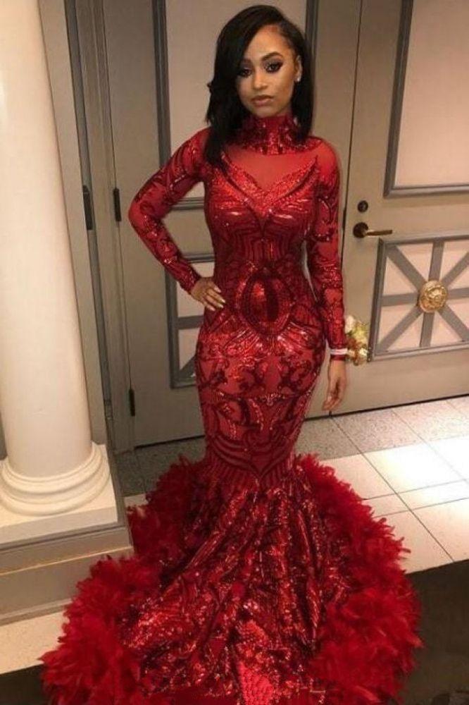 Red Mermaid Sequins Long Sleeves High-Neck Prom Dresses-Dbrbridal