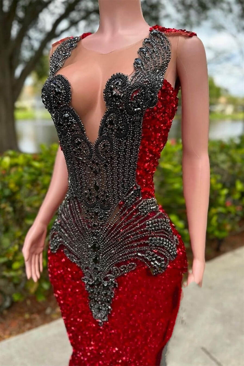 Red Sleeveless Mermaid Prom Dress with Scoop Neck Sequins and Beadings-Dbrbridal