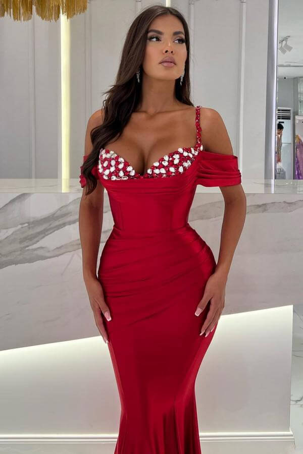 Red Spaghetti-Straps Off-the-shoulder Mermaid Evening Prom Dresses with Beads-Dbrbridal
