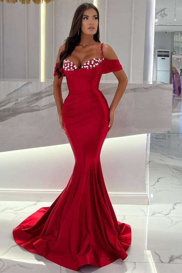 Red Spaghetti-Straps Off-the-shoulder Mermaid Evening Prom Dresses with Beads-Dbrbridal