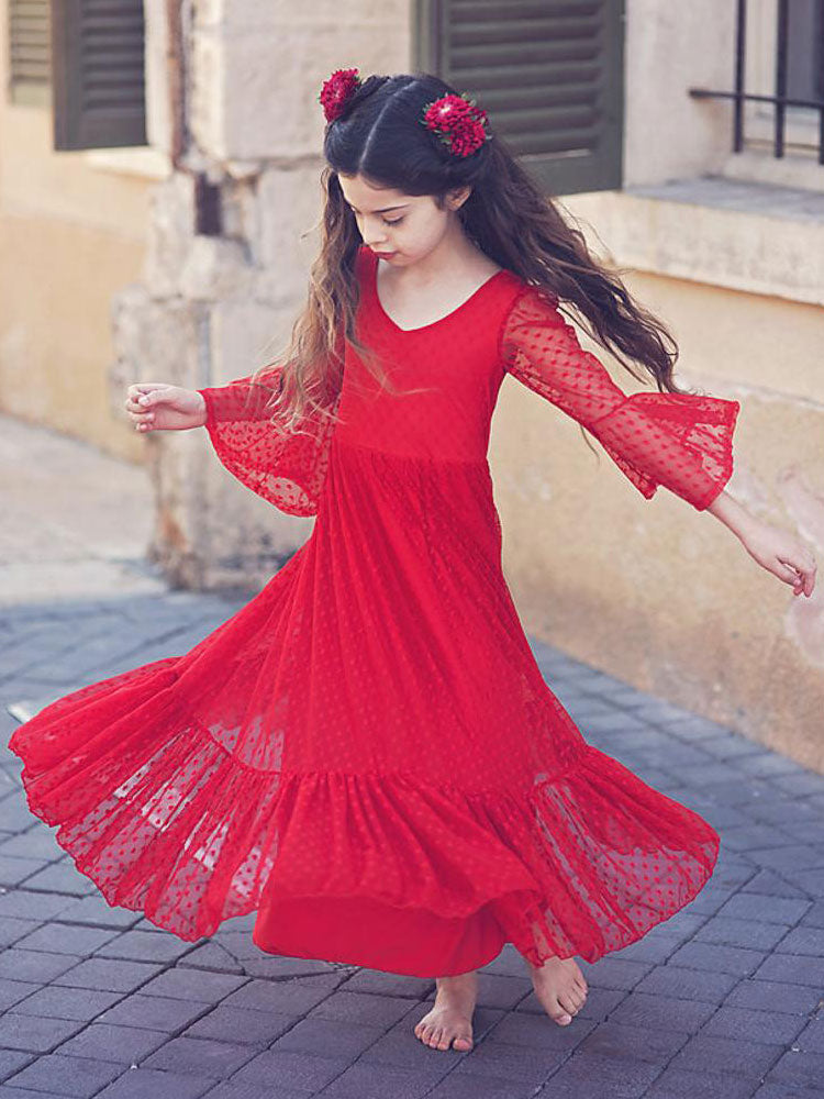 Red V-Neck Polyester Long Sleeves Ankle-Length A-Line Lace Formal Kids Pageant flower girl dresses-Dbrbridal