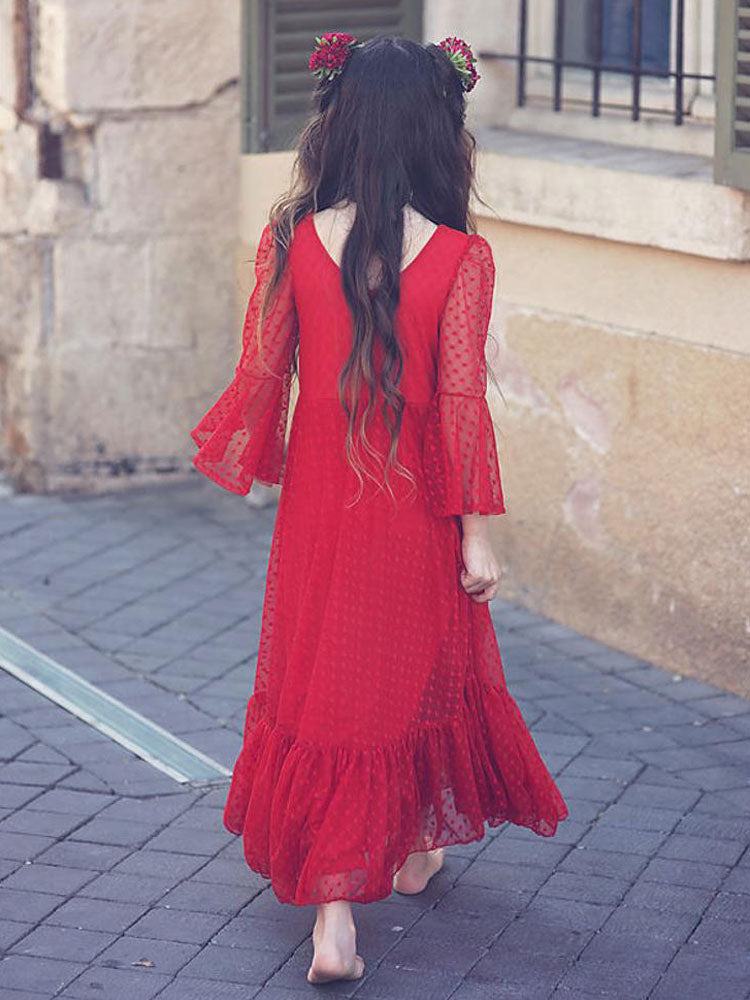 Red V-Neck Polyester Long Sleeves Ankle-Length A-Line Lace Formal Kids Pageant flower girl dresses-Dbrbridal