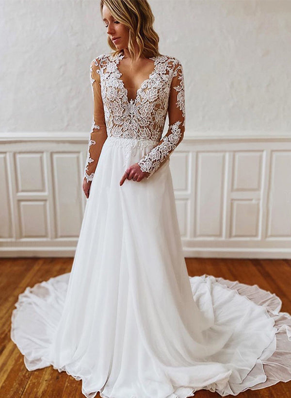 Retro style Chiffon Lace Wedding Dresses Chic A-line V-neck Long Sleeves-Dbrbridal