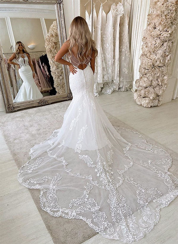 Retro style Lace Tulle Wedding Dress Backless Scoop Neck Mermaid Fitted Silhouette-Dbrbridal