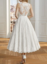 Retro style Lace Wedding Dress Chic A-line Illusion Neck Sleeveless Tea-Length-Dbrbridal