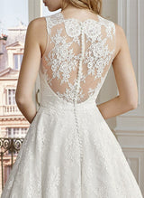 Retro style Lace Wedding Dress Chic A-line Illusion Neck Sleeveless Tea-Length-Dbrbridal