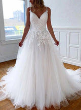 Retro style Tulle Wedding Dress Appliques Lace Sleeveless V-Neck Chic A-line-Dbrbridal
