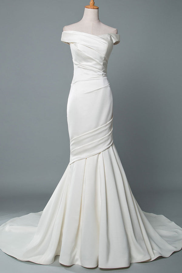 Retro Wedding Dress Mermaid Off The Shoulder Sleeveless Pleated Satin Fabric With Train Traditional Dresses For Bride-Dbrbridal