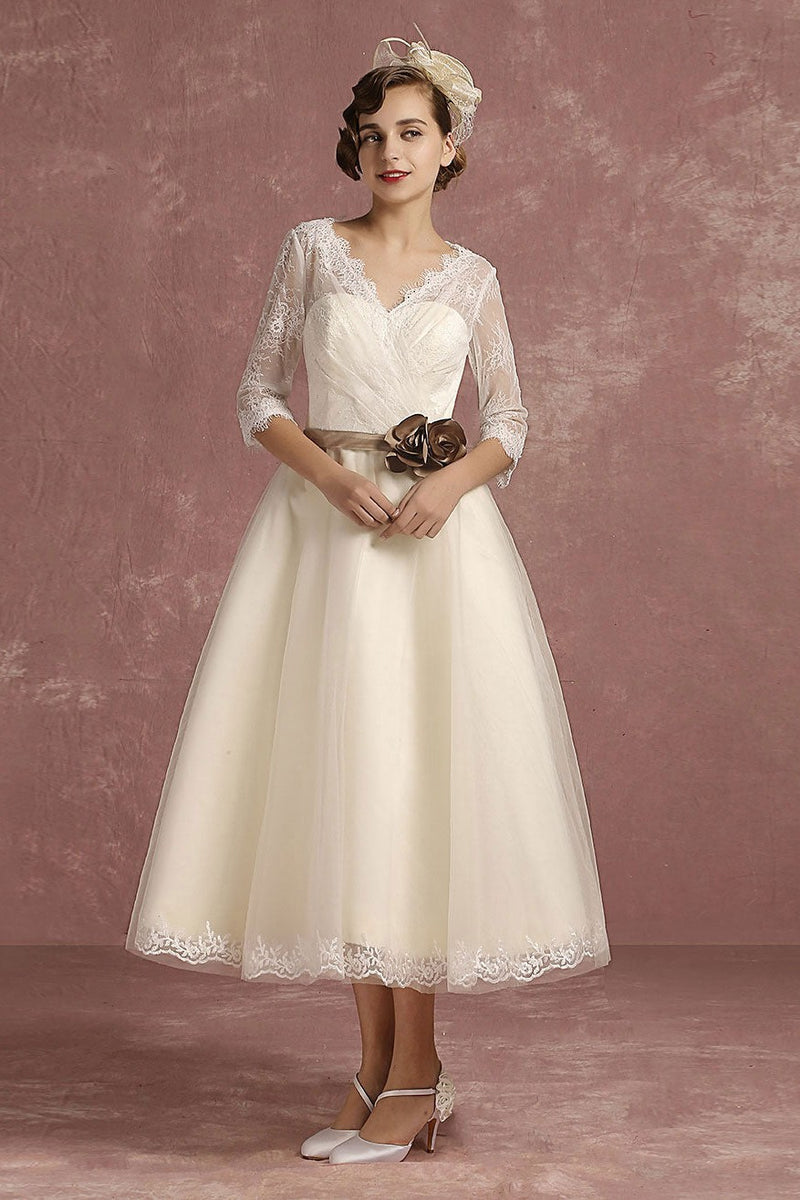 short bridal dress with sleeves Retro Wedding Dress Short Lace Tulle Bridal Dress Half Sleeve V-Neck Backless A-line Flower Sash Tea Length Bridal Gown – Dbrbridal
