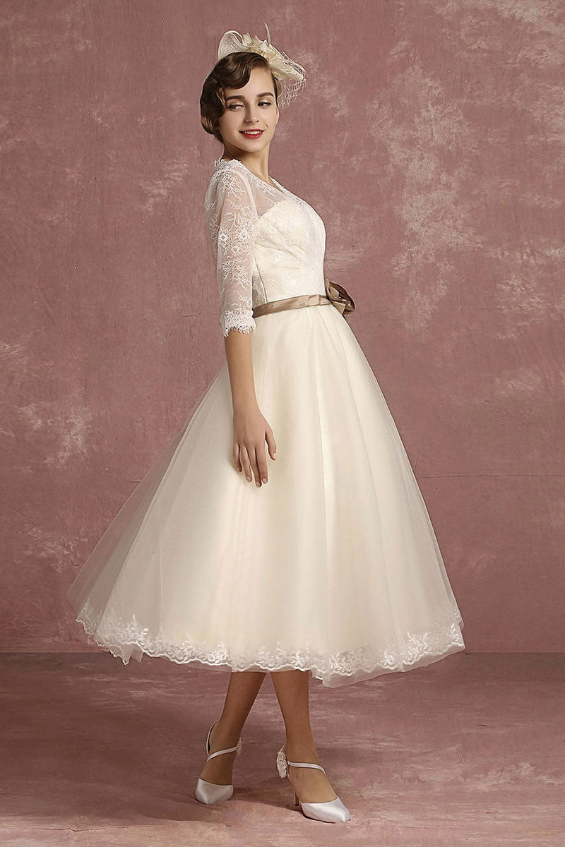 Retro Wedding Dress Short Lace Tulle Bridal Dress Half Sleeve V-Neck Backless A-line Flower Sash Tea Length Bridal Gown – Dbrbridal
