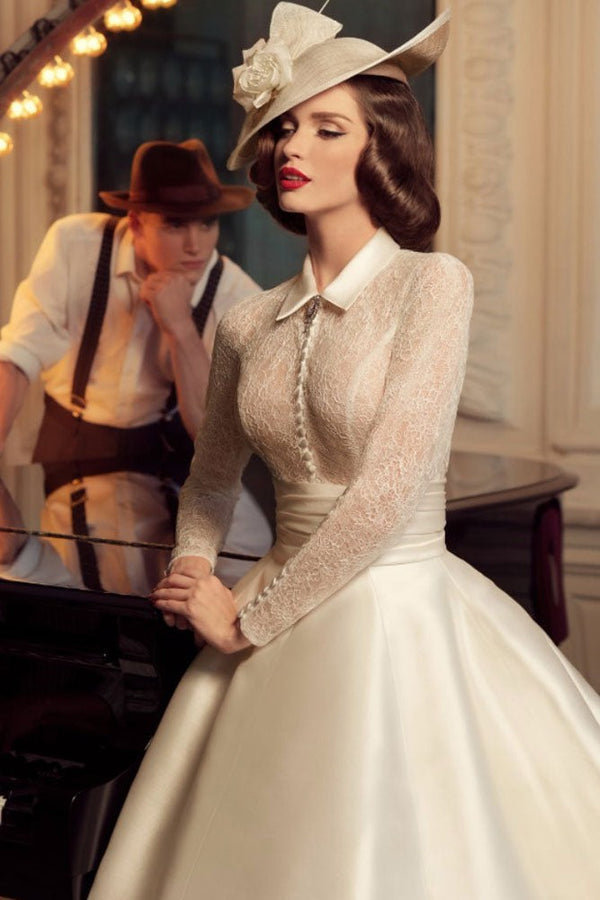 Retro Wedding Dresses Halter Long Sleeves Satin Fabric Long Lace Traditional Dresses For Bride