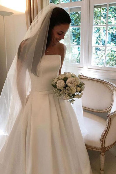 Retro Wedding Dresses Satin Strapless A-line floor length Elegant Bridal  Gown With Train  Dbrbridal