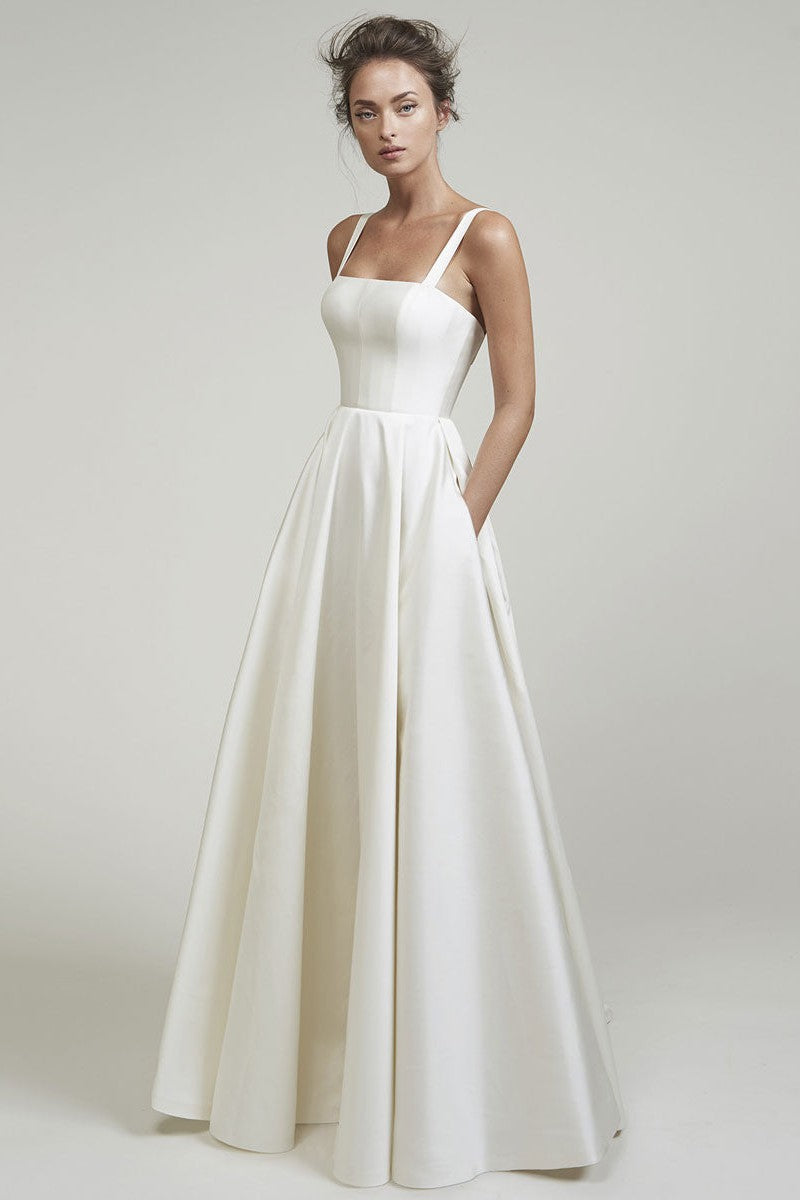 Retro Wedding Dresses Square Neck Sleeveless Satin Fabric Court Train – Dbrbridal Retro Wedding Dresses Square Neck Sleeveless Satin Fabric Court Train – Dbrbridal
