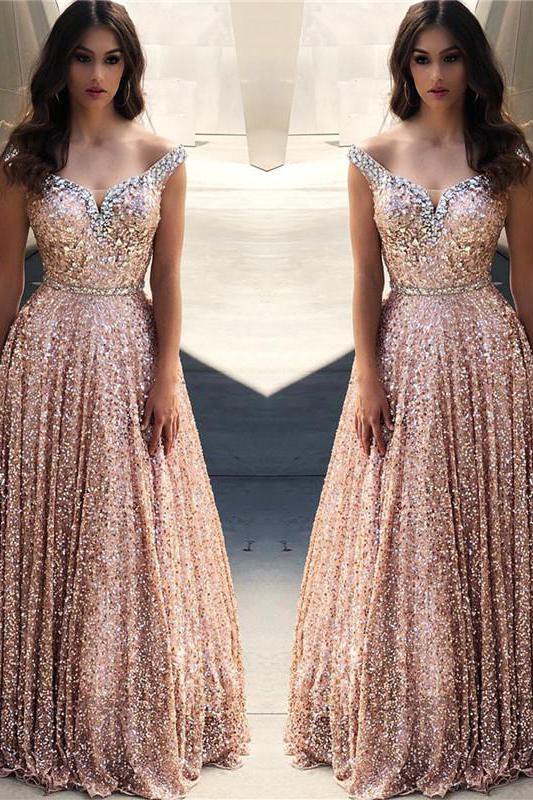 Rose Gold Sequins Evening Dresses Off-the-Shoulder Chic Formal Dresses-Dbrbridal