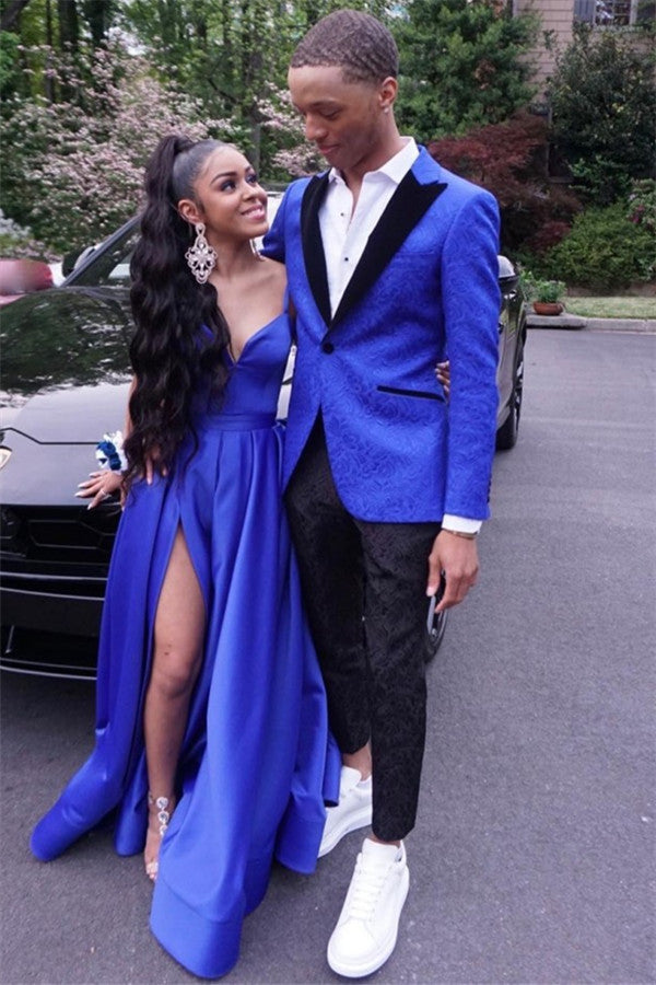 Royal Blue Jacquard One Button Peaked Lapel Prom Mens Suits-Dbrbridal