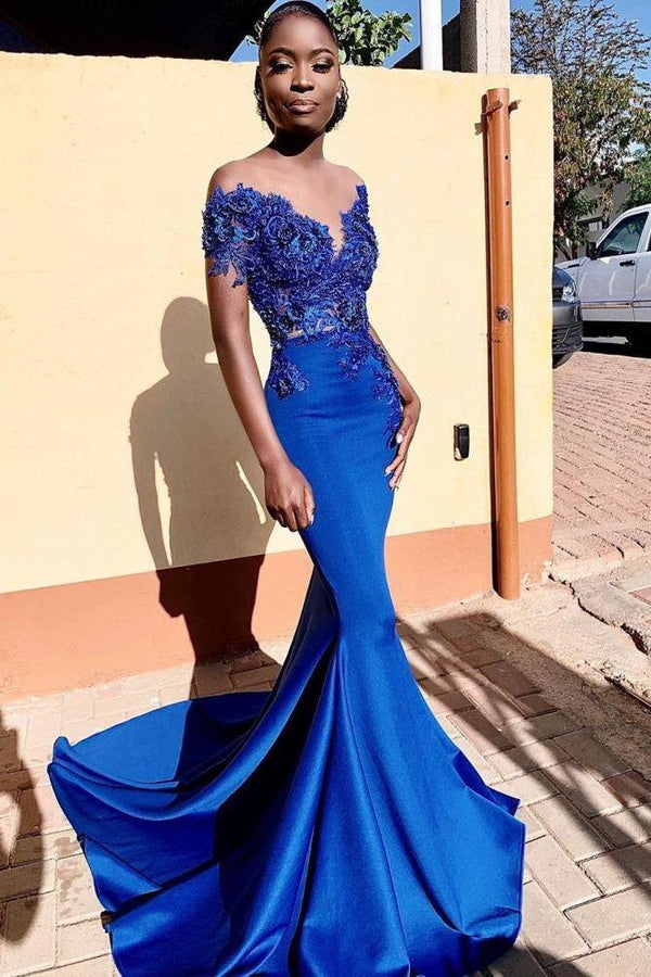 Royal Blue Off-the-shoulder Mermaid Prom Dresses with Lace Appliques and Chapel Train-Dbrbridal