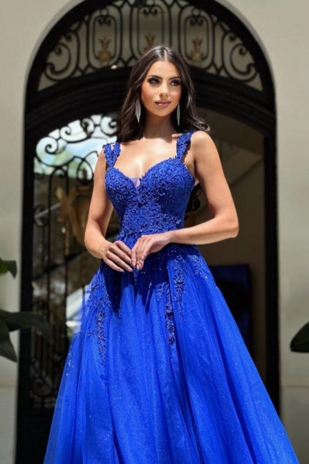 Royal Long Blue Sleeveless Evening Prom Dresseses A-line Lace Evening Gown-Dbrbridal