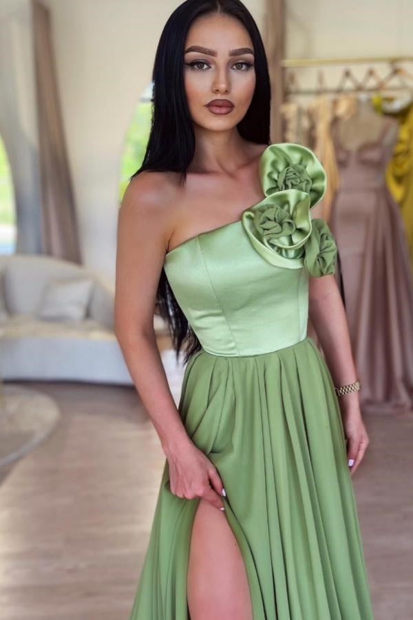 Sage One Shoulder Sleeveless A-Line Evening Prom Dresses With Split-Dbrbridal