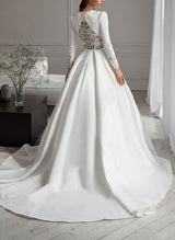 Scoop Neck Long Sleeves Chic A-line Satin Wedding Dresses Sweep Train-Dbrbridal