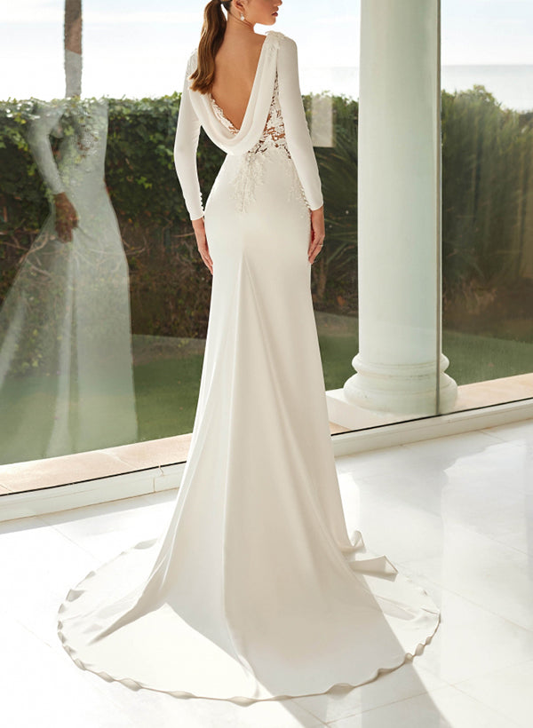 Scoop Neck Long Sleeves Lace Elastic Satin Wedding Dresses-Dbrbridal