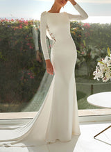 Scoop Neck Long Sleeves Lace Elastic Satin Wedding Dresses-Dbrbridal
