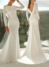 Scoop Neck Long Sleeves Lace Elastic Satin Wedding Dresses-Dbrbridal