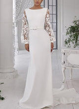 Scoop Neck Long Sleeves Satin Mermaid Fitted Wedding Dresses Lace-Dbrbridal